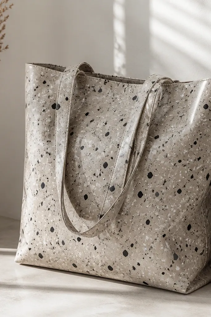 A tote with scattered terrazzo dots in black, warm gray, and small white flecks; the surface looks slightly glossy where the speckle layer is sealed.