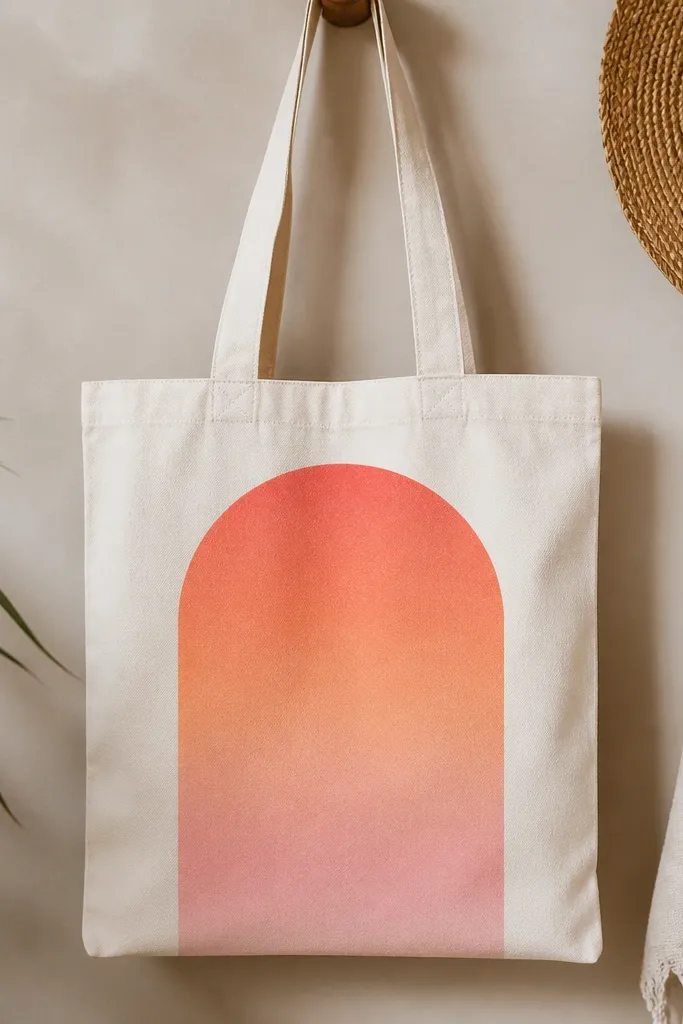 A tote front with a large arch shape painted in smooth sunset gradient (coral to peach to soft pink), with sharp straight sides created by painter's tape.