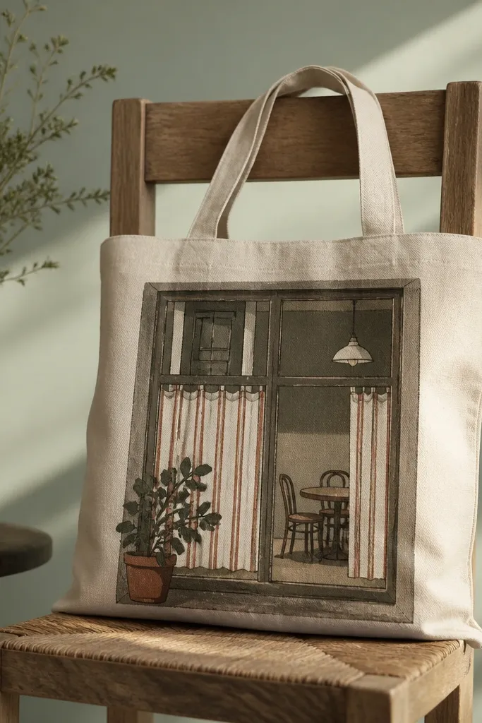 A tote with a painted cafe window scene: a window frame in muted brown, small curtain stripes in cream and rust, and a simple potted plant silhouette at the bottom.