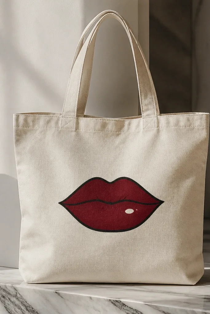 A tote with a centered pair of stylized lips painted in deep cherry red with black outline, plus a small white gloss dot on the lower lip.