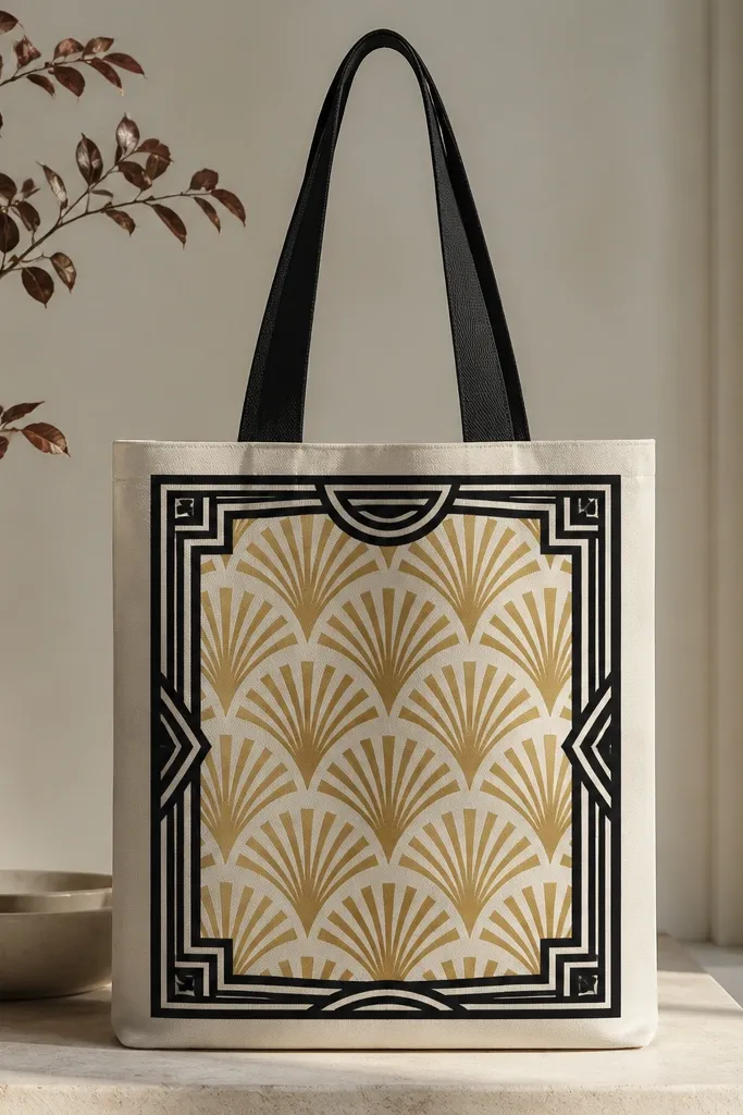 A tote with an art deco panel: repeating fan shapes in gold paint and thick ink-black lines forming a symmetrical border.