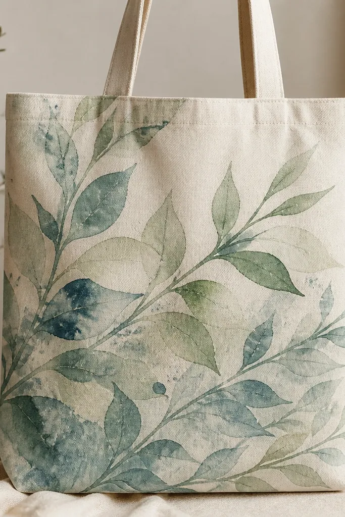 A tote front with soft watercolor-like leaves in muted teal and sage, plus tiny speckled texture where salt granules dried during paint.