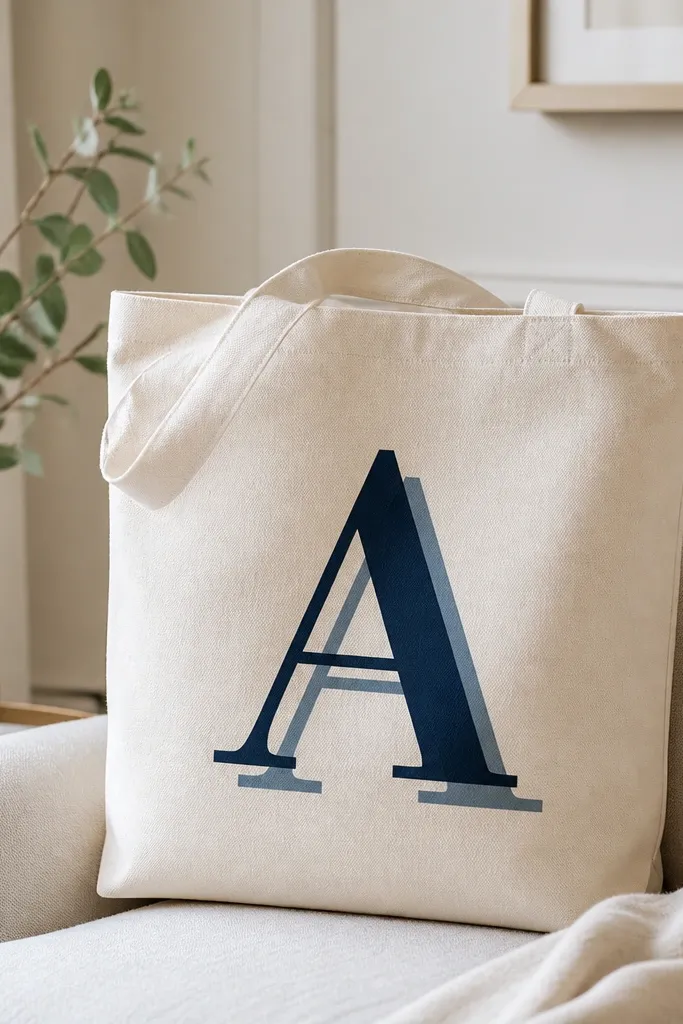 A tote with a large centered monogram letter in deep navy, and a slightly offset lighter navy shadow shape behind it, creating a layered look.