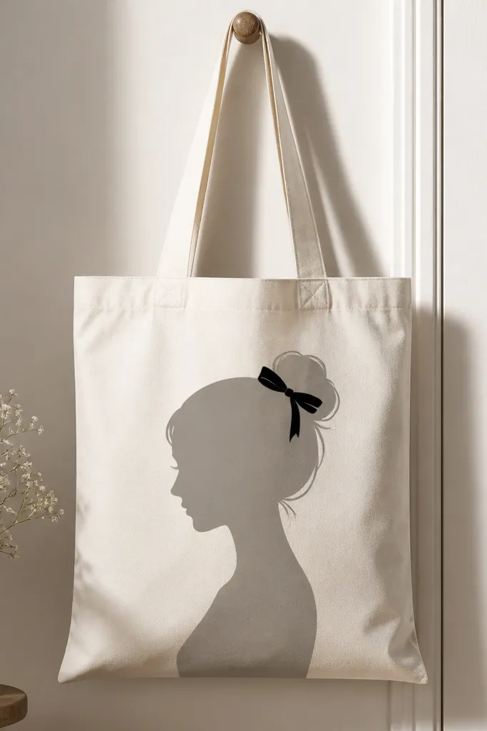 A tote with a simple female silhouette in soft gray, and a small black bow at the top of the head; the edges are smooth and clean.
