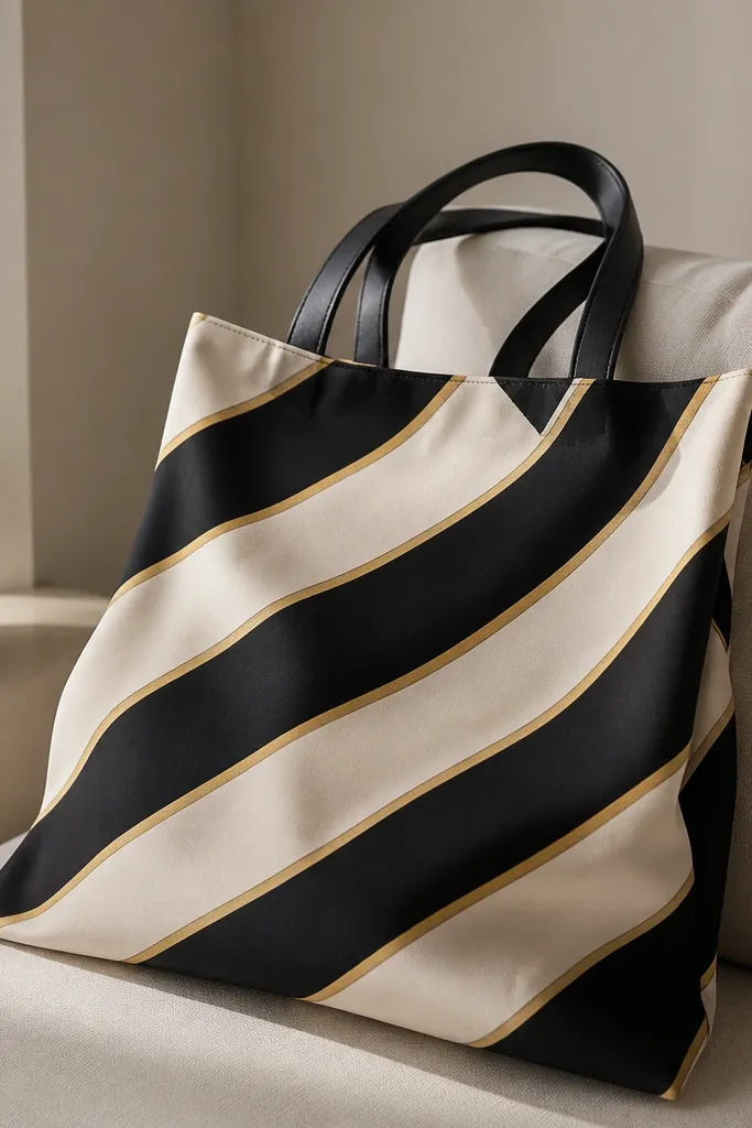 A tote with diagonal scarf stripes - alternating muted cream and black - plus thin gold lines between stripes.