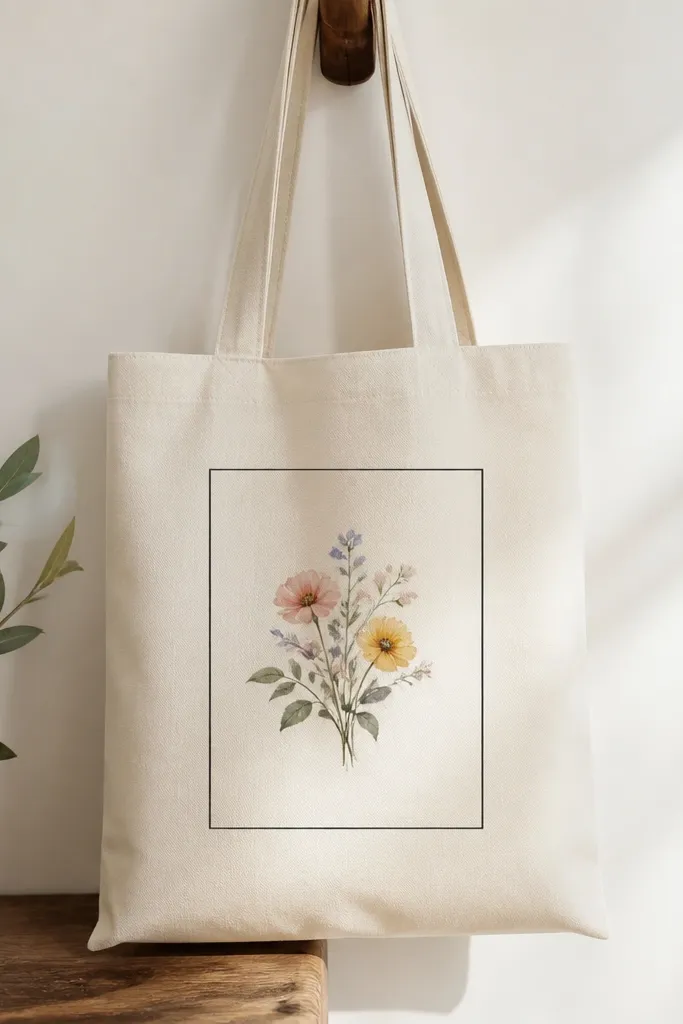 A tote with a thin black rectangular border framing a small watercolor flower cluster in the center; the tote background stays clean.