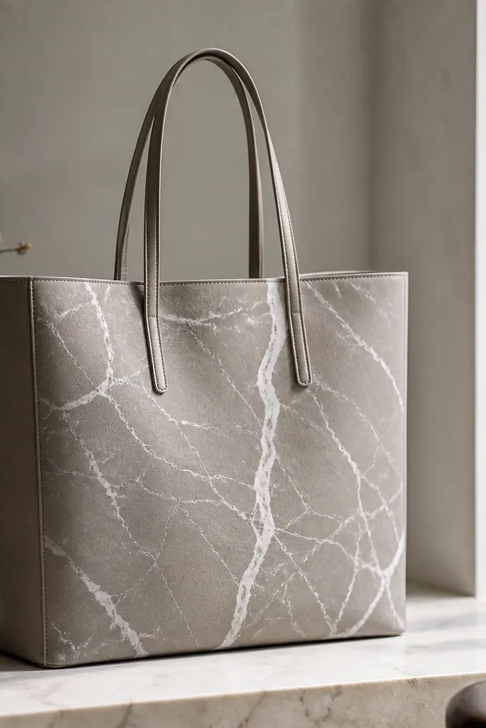 A tote with a marble-look panel: taupe background with white and light gray veining lines that branch like stone.