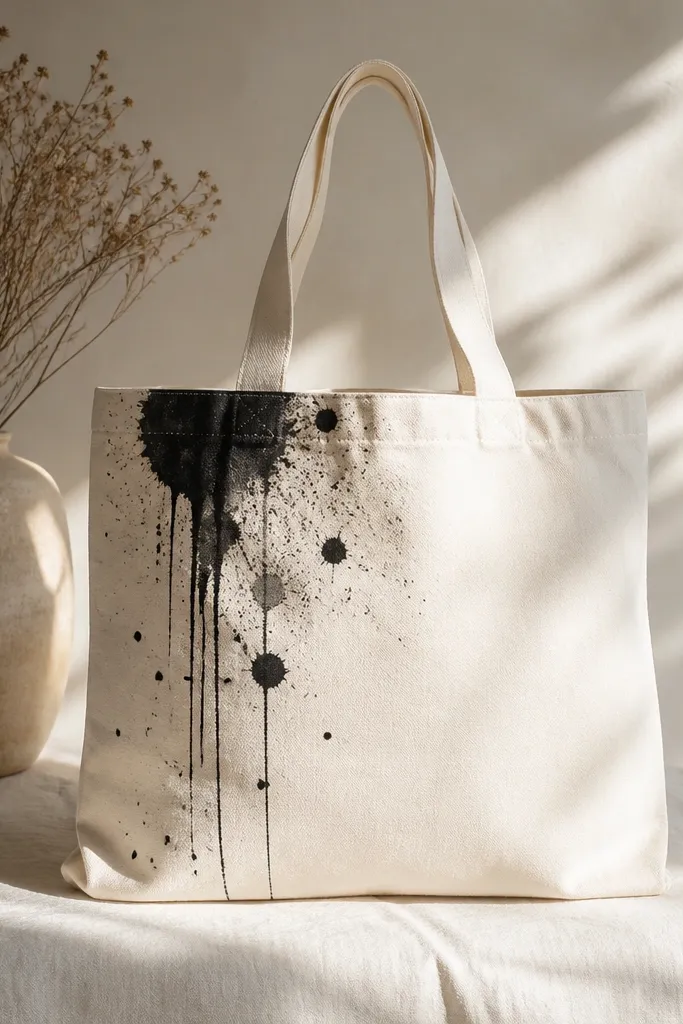 A tote with a controlled ink splash in black on one side, with thin drips and a few speckled dots; the rest of the tote is plain cream.