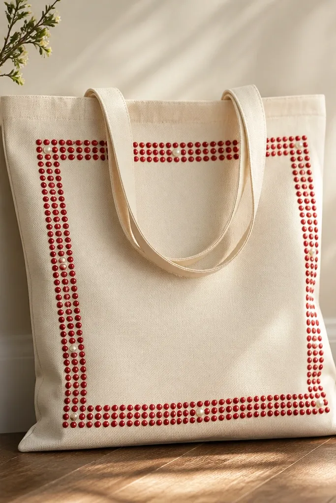 A tote with a raspberry red dotted border around a blank center, plus tiny white dot highlights that look like pearls.