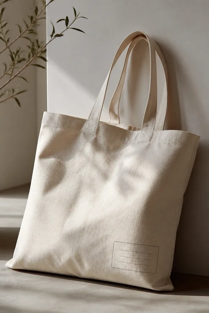 A tote with a small block of charcoal text in a neat label style near the bottom corner, with a thin line border around the text area.