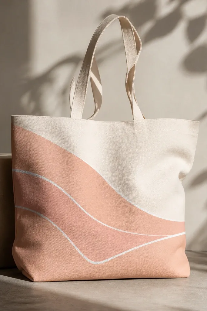 A tote with a peach abstract wave sweeping across, and thin white lines that look like cutouts running through the wave.