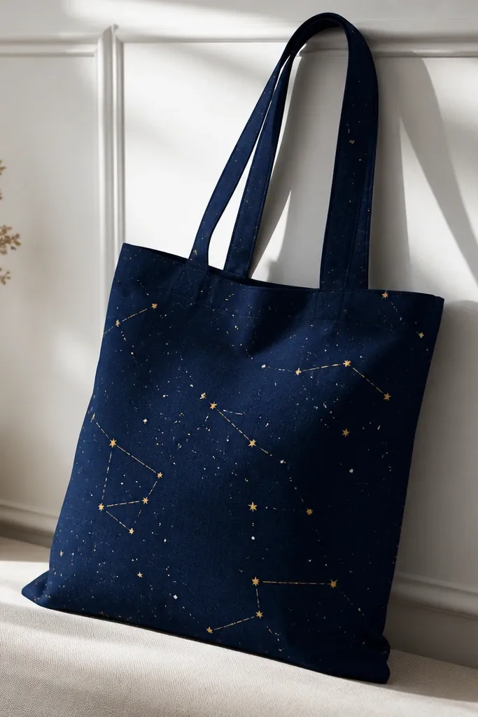 A tote with a deep navy background wash and scattered tiny gold dots forming a few recognizable constellations; a few white dots are also present.