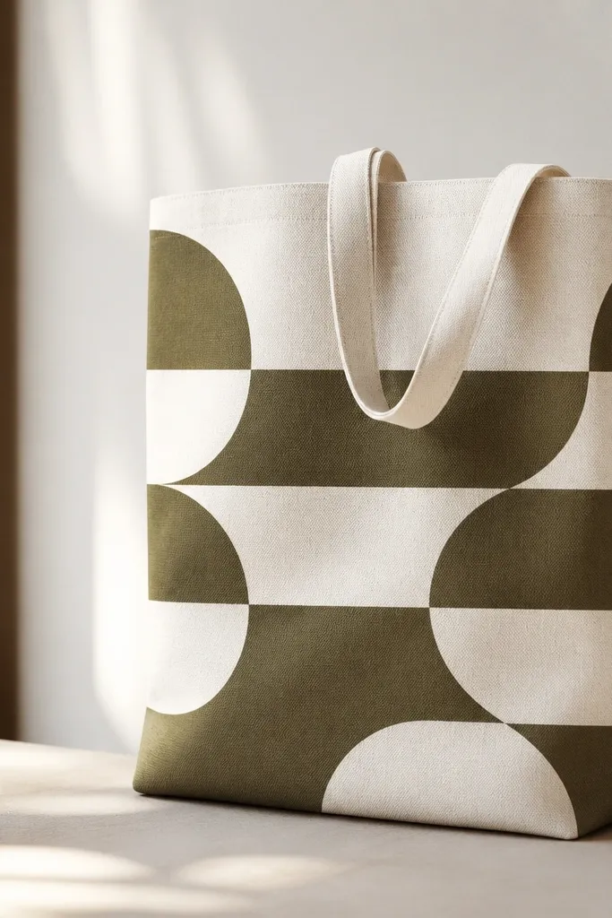 A tote with stacked half-moon shapes: olive and bone panels arranged in a diagonal pattern, with crisp tape edges and minimal spacing.