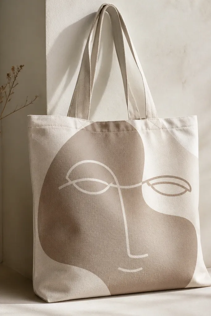 A tote with an abstract face painted in taupe and cream, where the eyes are drawn as a single continuous line; the mouth is a simple curve.