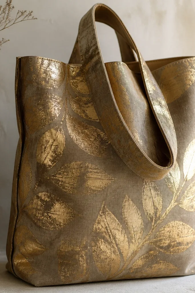A tote with a metallic gold leaf-like pattern created with dry brushing over a muted base; the gold catches light in uneven, foil-like patches.