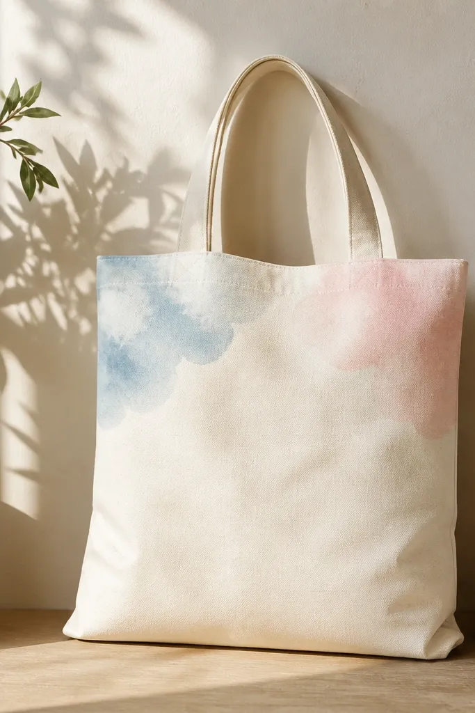 A tote with two pastel cloud corners: light blue and blush clouds at the top corners, with soft blended edges and a slightly chalky finish.