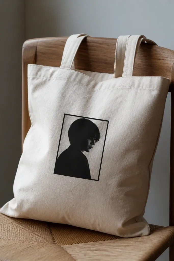 A tote with a small black-and-white portrait photo-like rectangle centered, surrounded by a thin black frame line; inside is a simple monochrome face silhouette.