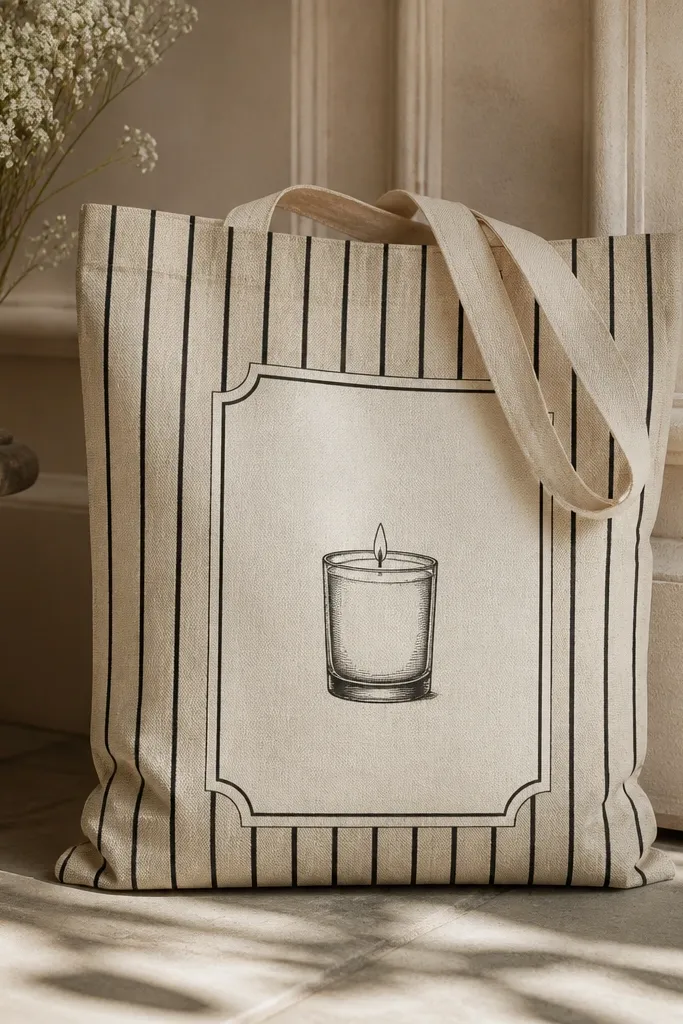 A tote with a faux candle label: thin vertical stripes in cream and black, a small candle icon, and a slightly textured paper-look background.