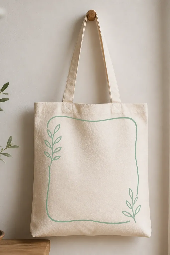 A tote with a mint green hand-drawn frame line around the center, plus simple minimal leaf doodles; the rest stays unpainted.