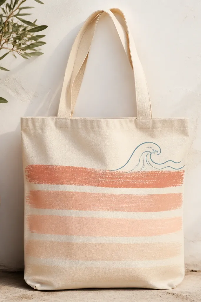 A cream canvas tote with six horizontal stripes fading from coral to pale peach, and a small painted wave in the top right corner. The stripes have a slightly dry-brush texture and the wave is outlined in light blue.