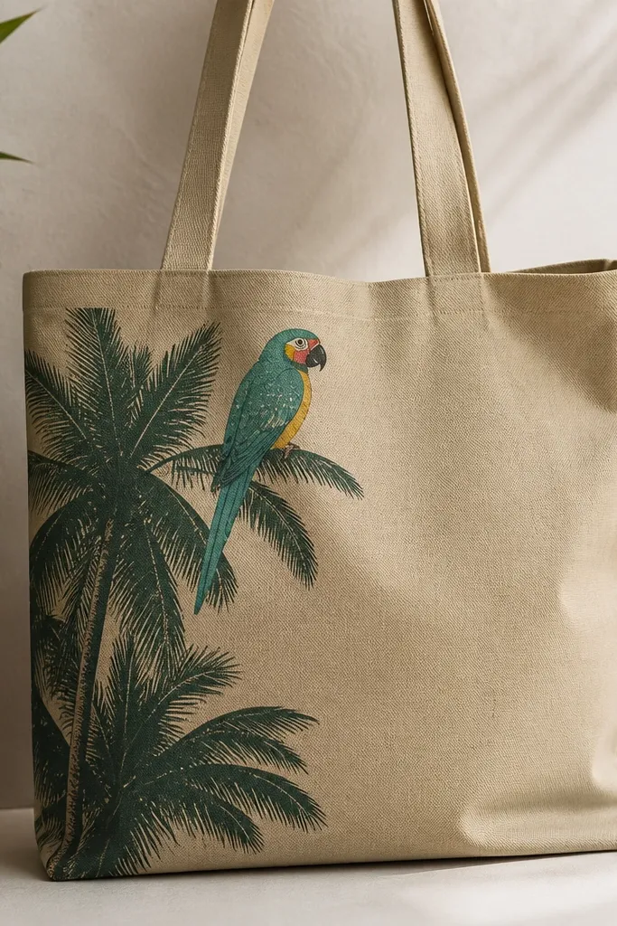 A tan tote with a dark green palm silhouette on the left side, and a bright parrot perched near the top. The parrot has a teal body, yellow belly, and red cheek patch, with white speckled highlights.