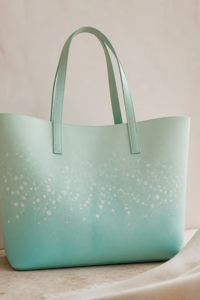 A pale mint tote with an ombre gradient that moves from aqua at the bottom to seafoam near the top, plus scattered white bubble dots across the midsection.