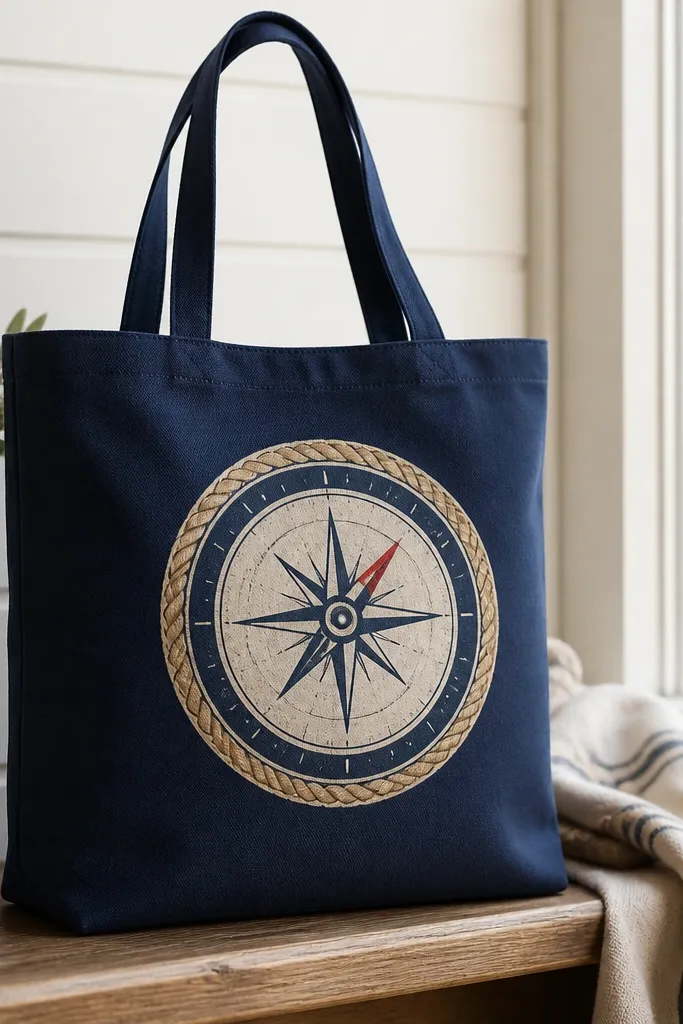 A navy canvas tote with a tan rope border painted around the edges of a central compass. The compass has a cream dial, blue ring, and small red needle.