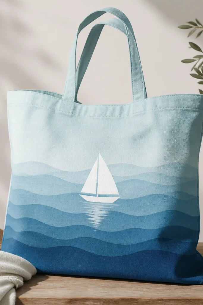 A light aqua tote with layered wave washes in darker blue, and a single white sailboat silhouette centered. The wave lines fade toward the top.
