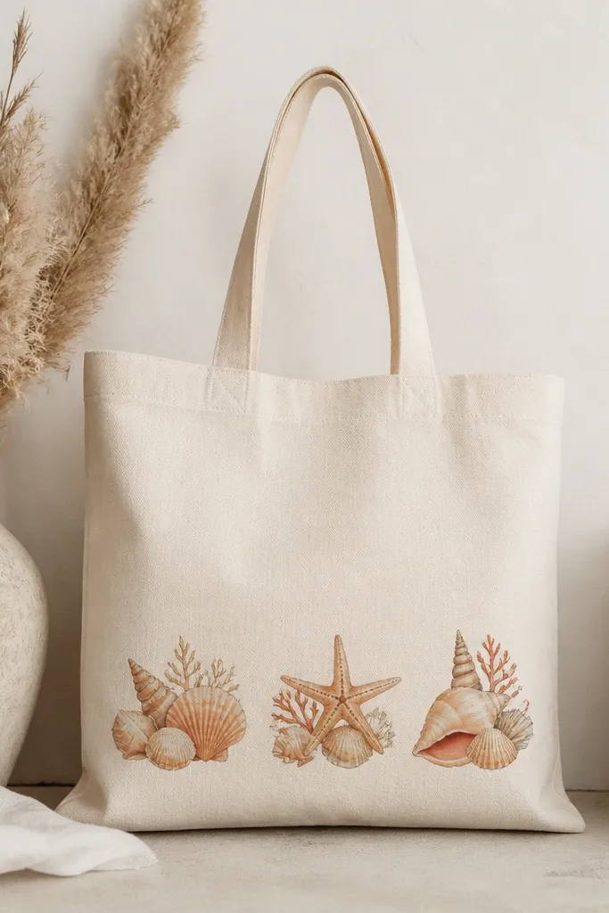 A natural canvas tote with three clusters of shells and a starfish painted near the bottom front. Colors include warm beige, soft peach, light tan, and tiny touches of muted coral.