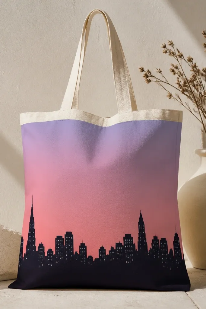 A cream tote with a dusk sky gradient from pink to lavender, a dark silhouette skyline along the bottom, and a few white window dots in the buildings.