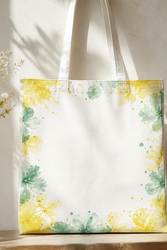 A white tote with a hand-painted watercolor border around the edges. The border has lemon yellow smears, mint green blooms, and tiny splatter dots, with a clean blank center.