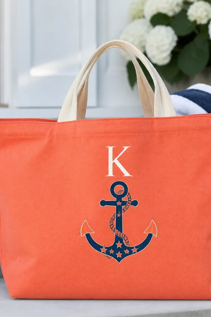 A coral-orange tote with a navy anchor in the center and a white monogram letter above it. The anchor has coral highlights and small white stars.