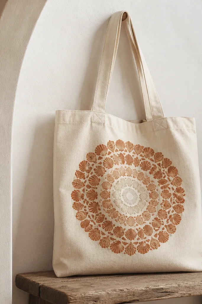A natural tote with a mandala made of repeated shell shapes in a single color family: terracotta, warm tan, and a light cream center. The mandala is centered on the front.