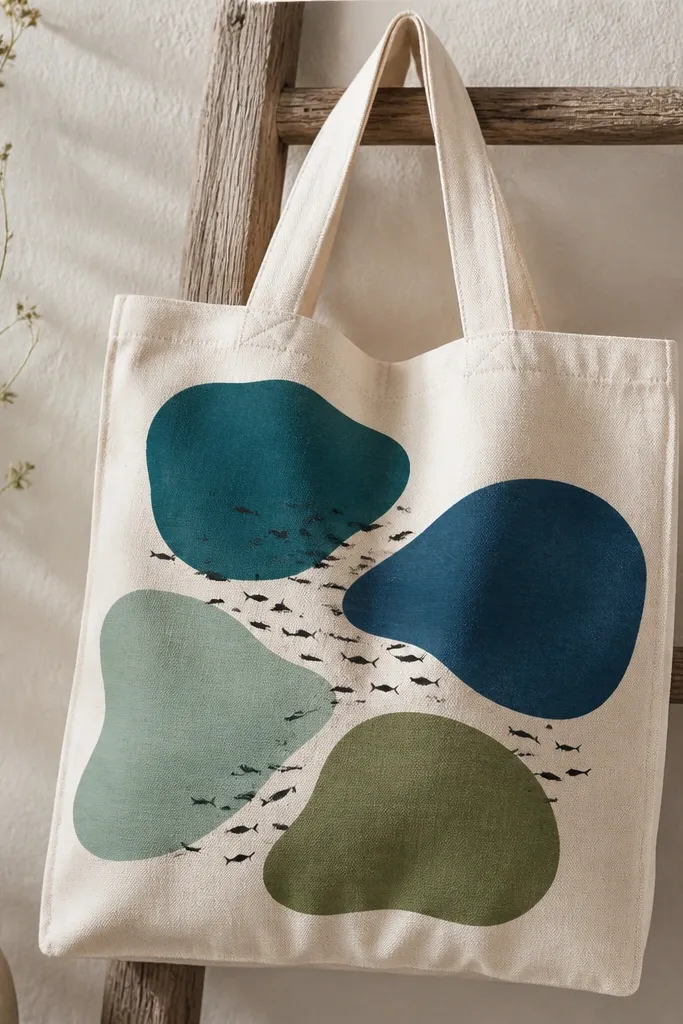 A cream tote with four irregular tide pool shapes painted in teal, deep blue, seafoam, and olive green. Tiny black fish silhouettes swim between the pools.