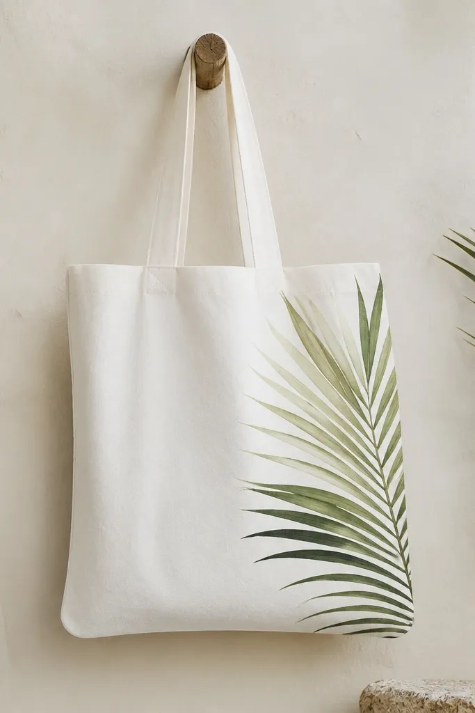 A white tote with a large green palm frond stencil on the right side, leaving lots of negative space. The frond has feathered edges and a few small leaf tips in darker green.