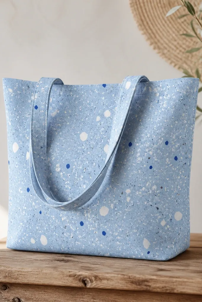 A light blue tote with a terrazzo pattern: lots of small white dots and a few larger white chips, plus scattered ocean-blue specks and tiny gray marks.