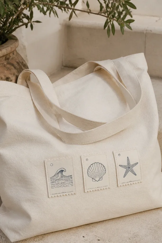 A natural tote with three small label rectangles painted in muted cream, each with a hand-drawn stamp icon. Icons include a wave, a shell, and a starfish, with tiny date-like numbers.