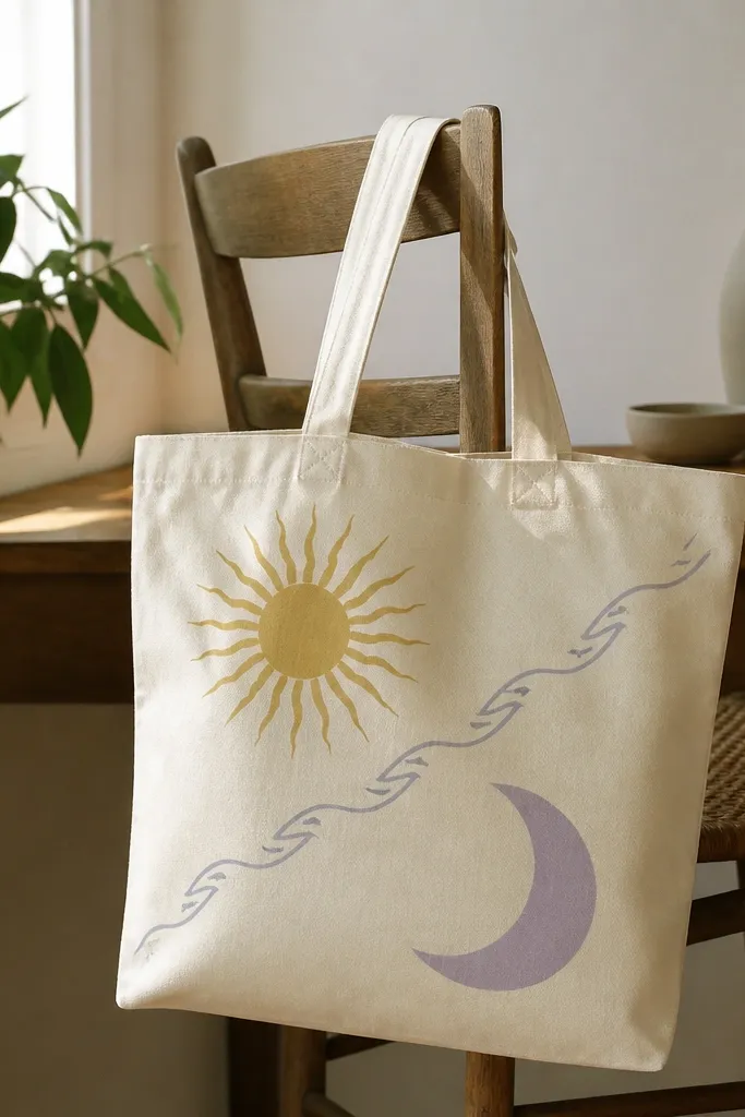 A cream tote split diagonally: the top left has a yellow sun with rays, the bottom right has a lavender moon. A thin ocean wave line separates the two shapes across the diagonal.