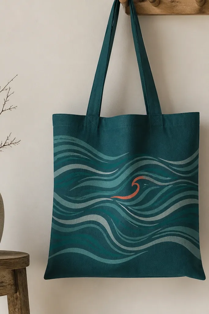 A deep teal tote with multiple hand-painted wave lines in lighter teal and gray. One small coral wave crest stands out near the center.