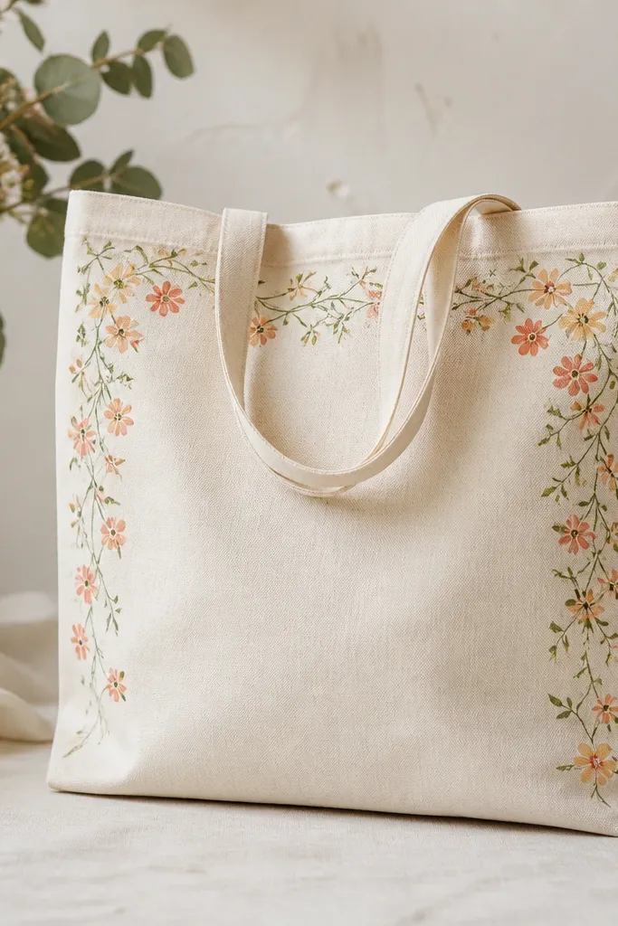 A natural canvas tote with a trailing vine garland along the top edge and down the sides. Flowers are small and painted in coral, peach, and pale yellow with green stems.