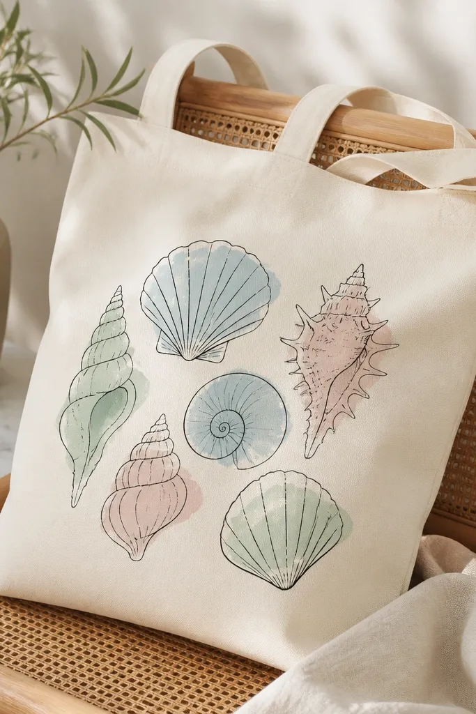 A cream tote with black shell outlines in the center, each filled with watercolor-like washes of pale blue, seafoam, and blush. The outlines are crisp and the fills are translucent-looking.