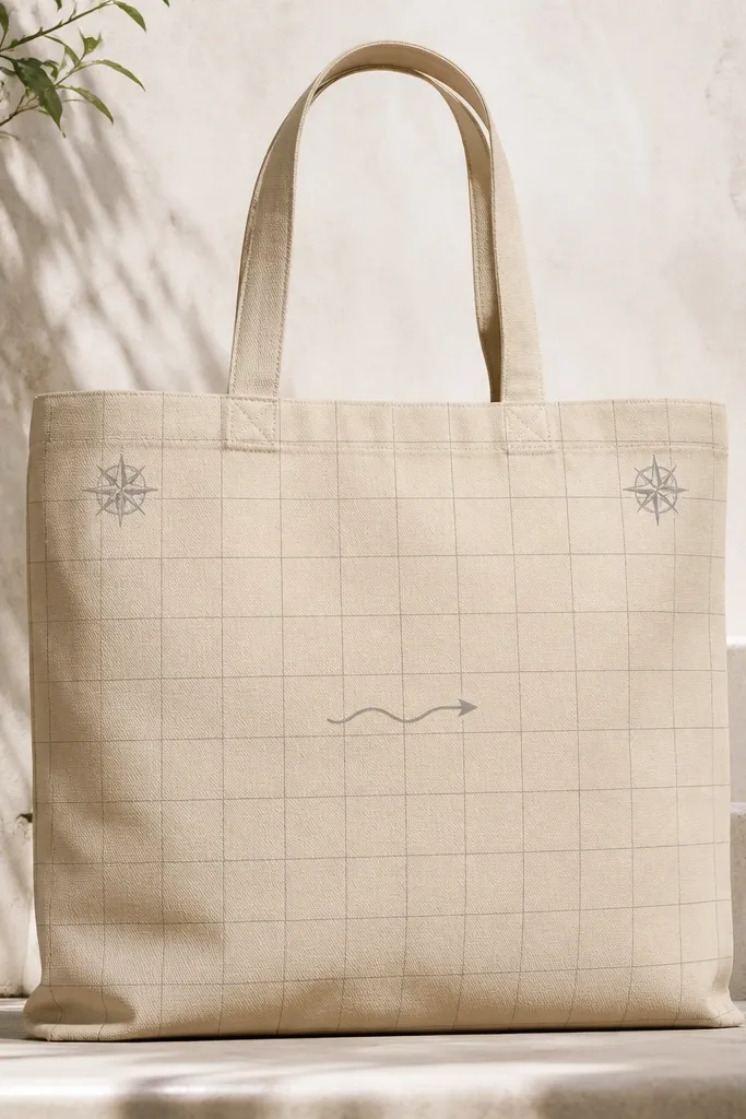 A light sand-colored tote with a faint grid drawn in gray, plus two small compass rose designs in the top corners. A single wave arrow points toward the center.