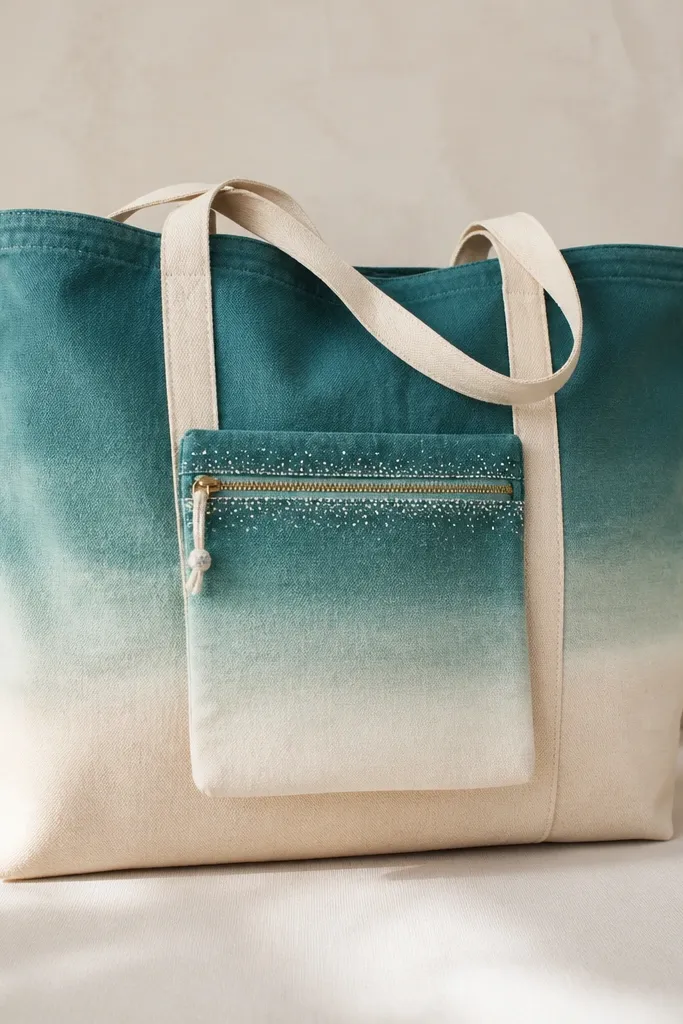A natural canvas tote with a hand-painted saltwater ombre fade from deep teal at the top to pale seafoam at the bottom. A small matching zipper pouch pocket sits on the front center, painted with the same ombre gradient and finished with tiny white salt speckles around the zipper teeth area.