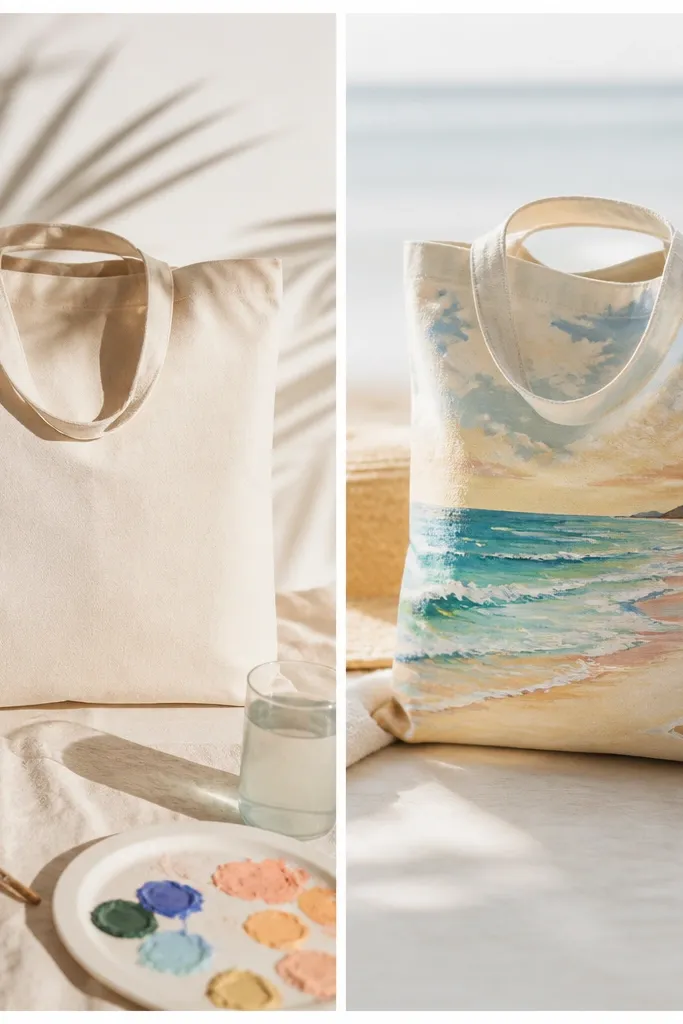 Beach tote bag painting ideas before and after