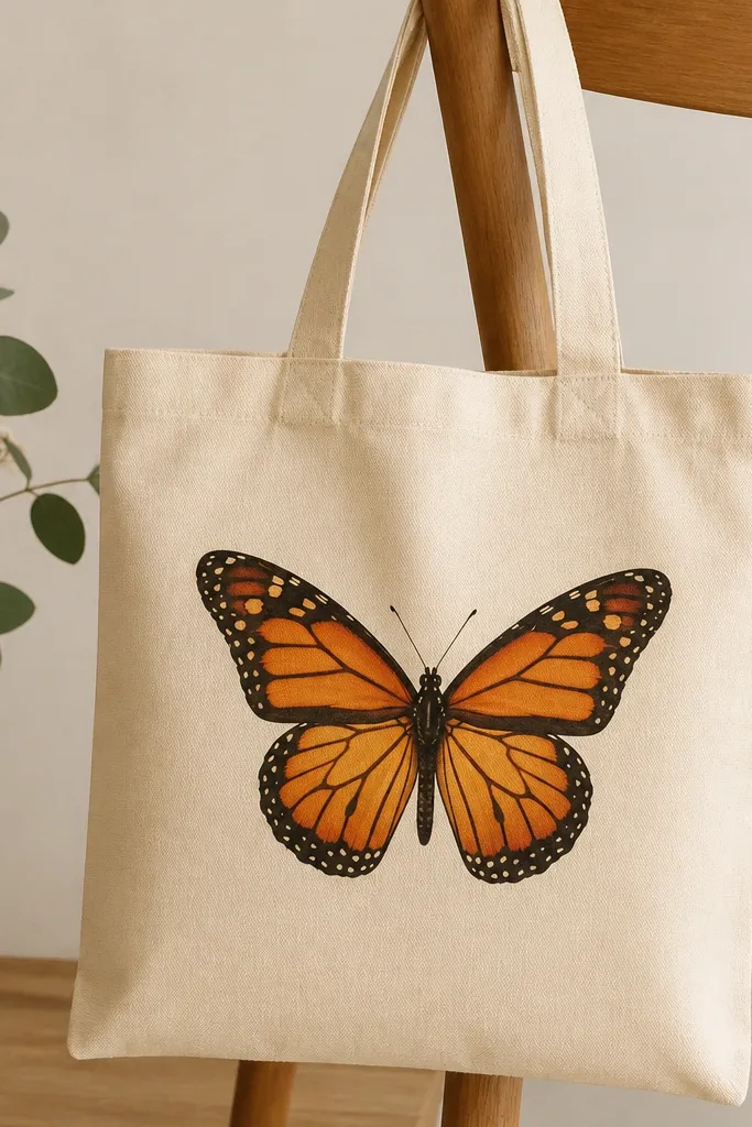 A cream canvas tote shows a centered monarch butterfly. Wings have orange base, lighter orange near the middle, and a darker brown-black outline that fades inward at the edges. Antennae are thin black lines, and the body is a tight mix of dark brown and orange.