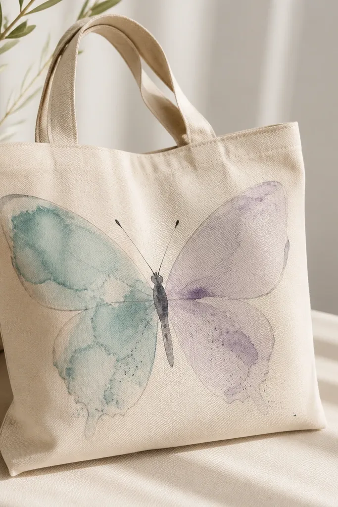 A beige tote has a butterfly outlined in pale gray. The wings are watercolor-like washes: soft teal on one side, dusty lavender on the other, with wet-looking transitions and tiny speckles. The body is a muted charcoal smear with crisp antenna lines.