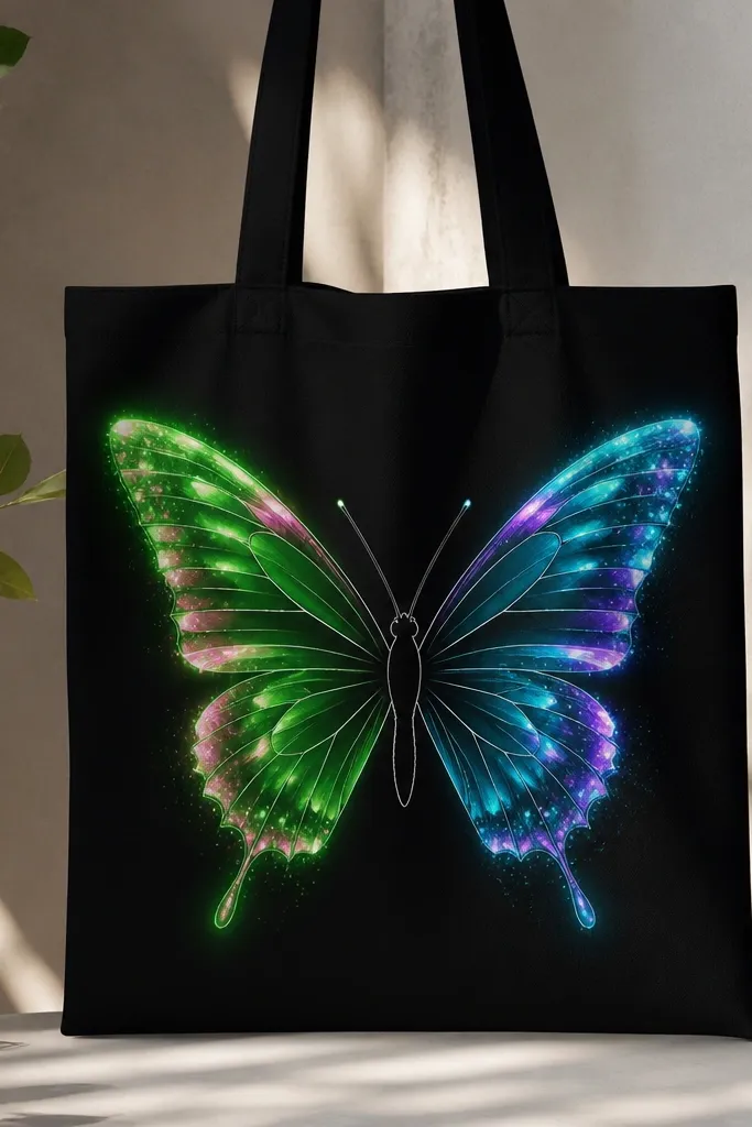 A black tote bag holds a butterfly with glowing neon wings. One wing is electric green with pink highlights, the other is cyan with purple accents. The body is dark but outlined with thin white lines, and there are small neon dots like stardust.