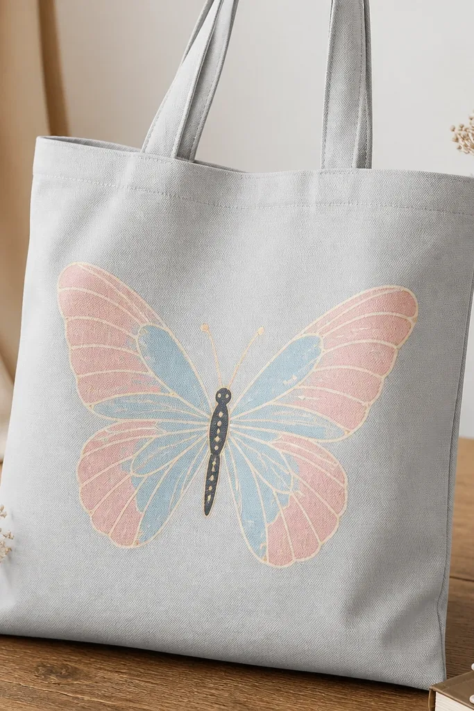 A light gray tote has a butterfly made from a stencil. Wing sections are filled with matte pastel pink and pale blue, separated by crisp stencil edges. Thin gold lines run like veins across each wing section, and the body is dark with gold accents.