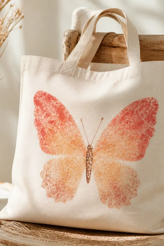 A natural canvas tote shows a butterfly where wings look like sponge prints. Colors blend from deep coral at the outer edge to peach toward the center. There are gentle circular textures on the wings, and the body is painted in warm brown with tiny dot details.