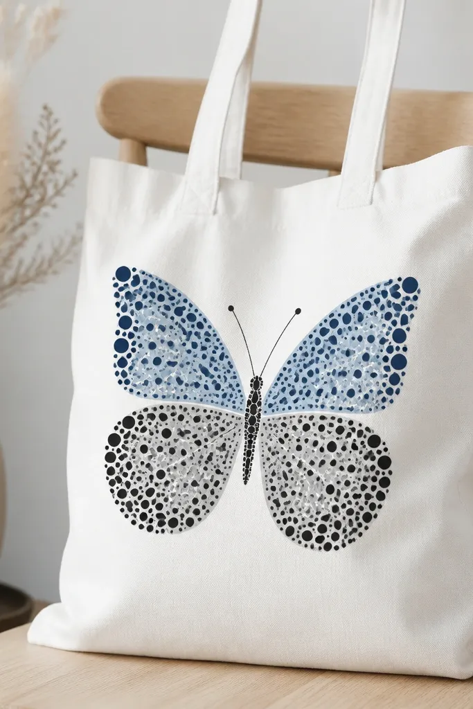 A white tote has a butterfly where the wings are built from clusters of small dots. The top wing has deep navy dots over a light blue base, and the bottom wing has black and gray dots over a pale gray base. The body is a tight pattern of dots with thin antennae.
